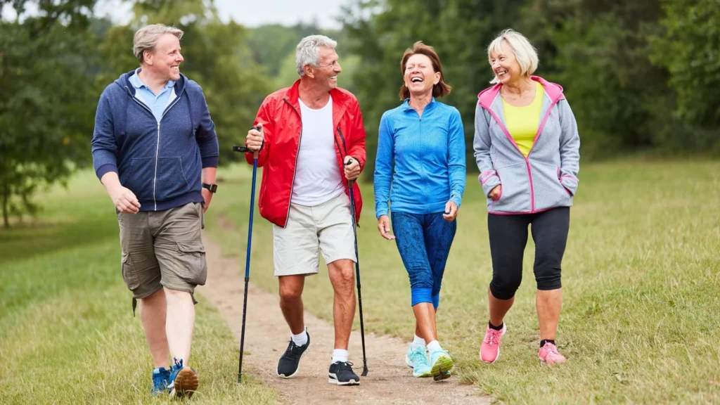Active older adult walking outdoors for daily exercise