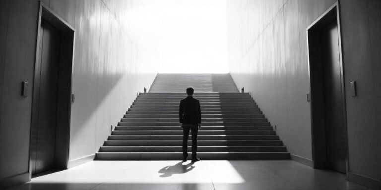 Person walking up a staircase instead of using the elevator