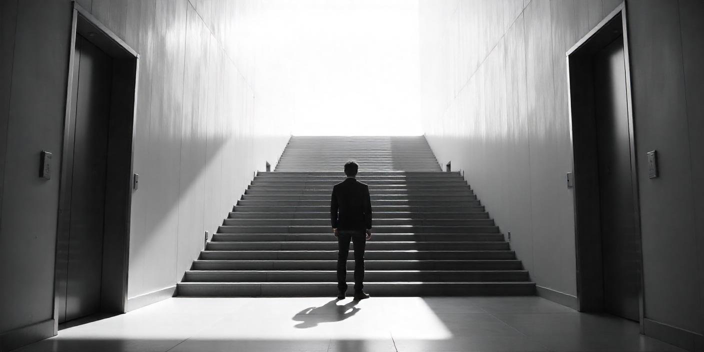 Person walking up a staircase instead of using the elevator