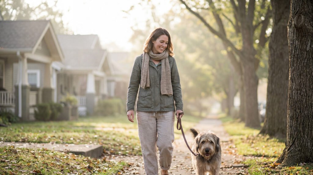 Woman walking her dog along a neighborhood sidewalk in the morning